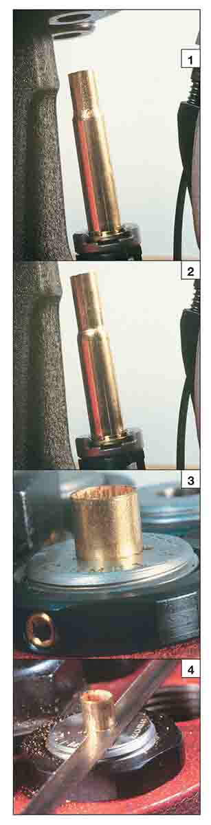 (1) The Wasp case is formed from standard .30 WCF brass. (2) The second form die moves the shoulder back farther. (3) The trim die is used to cut the case to the proper length. (4) A hacksaw is used to cut cases to length, followed by dressing with  a file.